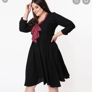 😍 2/$40 1950s Black & Burgundy Bow Tie Lila Swing Dress size L 10 12